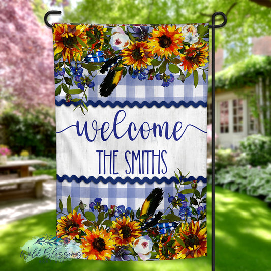 Blue Gingham Sunflowers Personalized Garden Flag