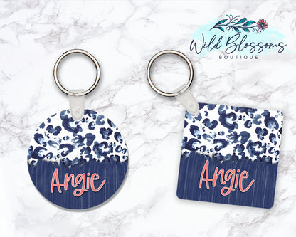 Blue Watercolor Leopard Print Personalized Round or Square Keychain
