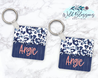 Blue Watercolor Leopard Print Personalized Round or Square Keychain