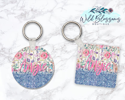 Wooden Floral And Blue Glitter Look Personalized Round or Square Keychain