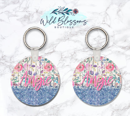 Wooden Floral And Blue Glitter Look Personalized Round or Square Keychain