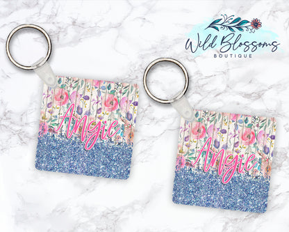 Wooden Floral And Blue Glitter Look Personalized Round or Square Keychain