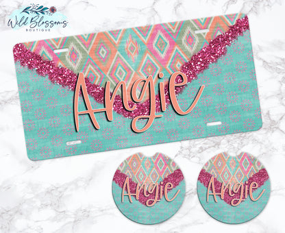 Boho Aztec Glitter Look Personalized Car Coasters