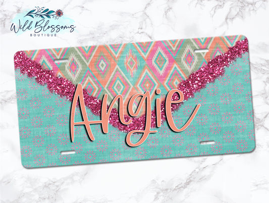 Boho Aztec Glitter Look Personalized License Plate