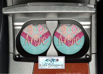 Boho Aztec Glitter Look Personalized Car Coasters
