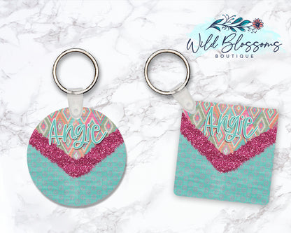 Boho Aztec Glitter Look Personalized Round or Square Keychain