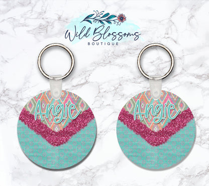Boho Aztec Glitter Look Personalized Round or Square Keychain