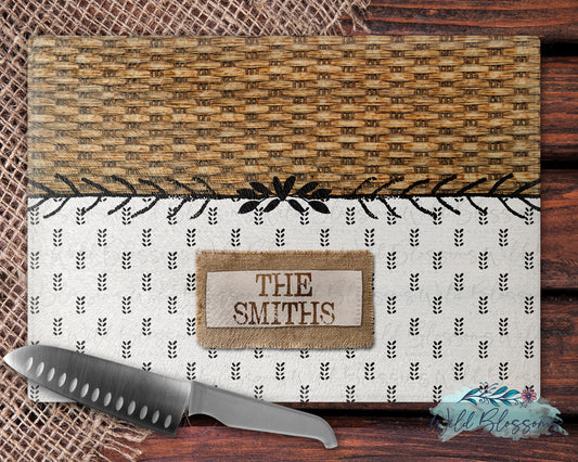 Boho Black And Wooden Personalized Glass Cutting Board