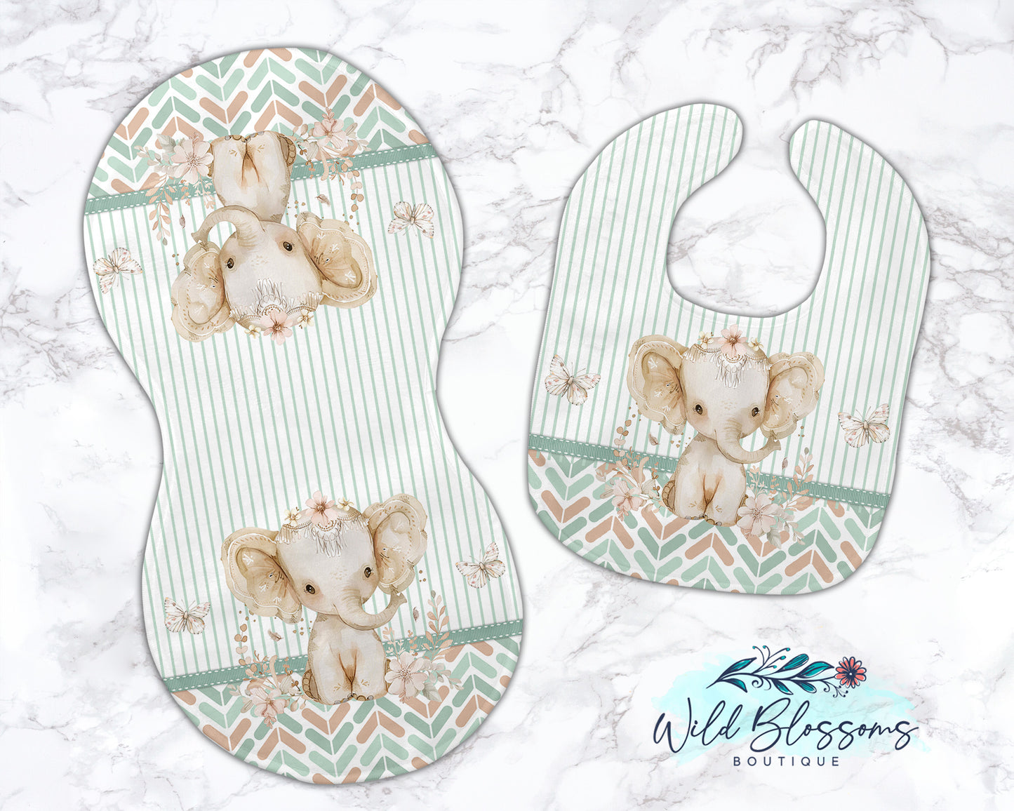 Boho Elephant Personalized Baby Bib And Burp Cloth Set