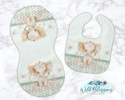 Boho Elephant Personalized Baby Bib And Burp Cloth Set