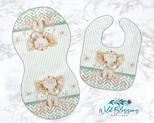 Boho Elephant Personalized Baby Bib And Burp Cloth Set