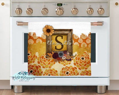 Boho Fall Floral Wooden Frame Personalized Kitchen Towel