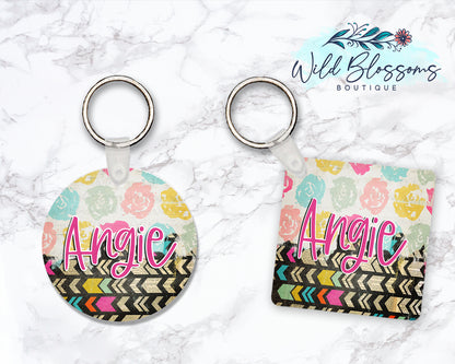Boho Floral Personalized Round or Square Keychain