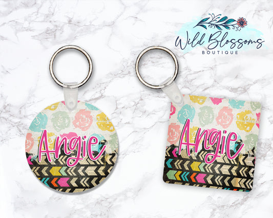 Boho Floral Personalized Round or Square Keychain