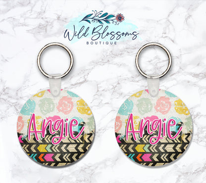 Boho Floral Personalized Round or Square Keychain