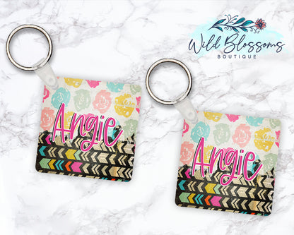 Boho Floral Personalized Round or Square Keychain