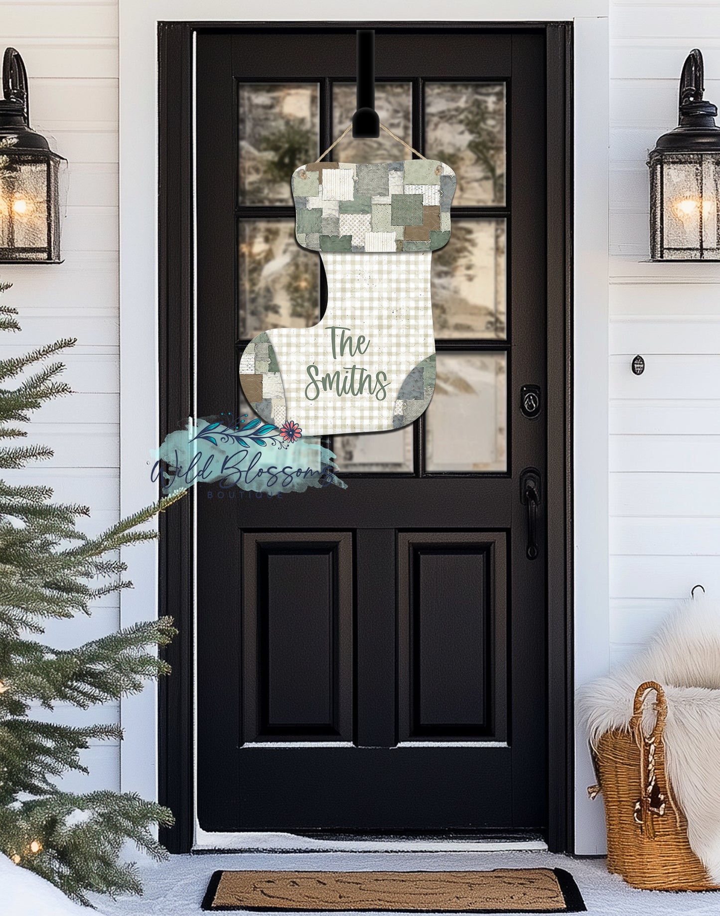 Boho Patchwork Personalized Christmas Stocking Door Hanger