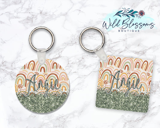 Boho Rainbow Personalized Round or Square Keychain