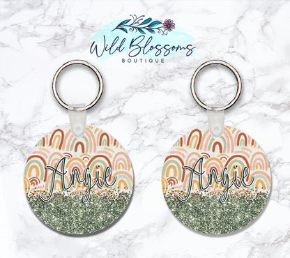 Boho Rainbow Personalized Round or Square Keychain