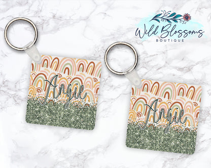 Boho Rainbow Personalized Round or Square Keychain