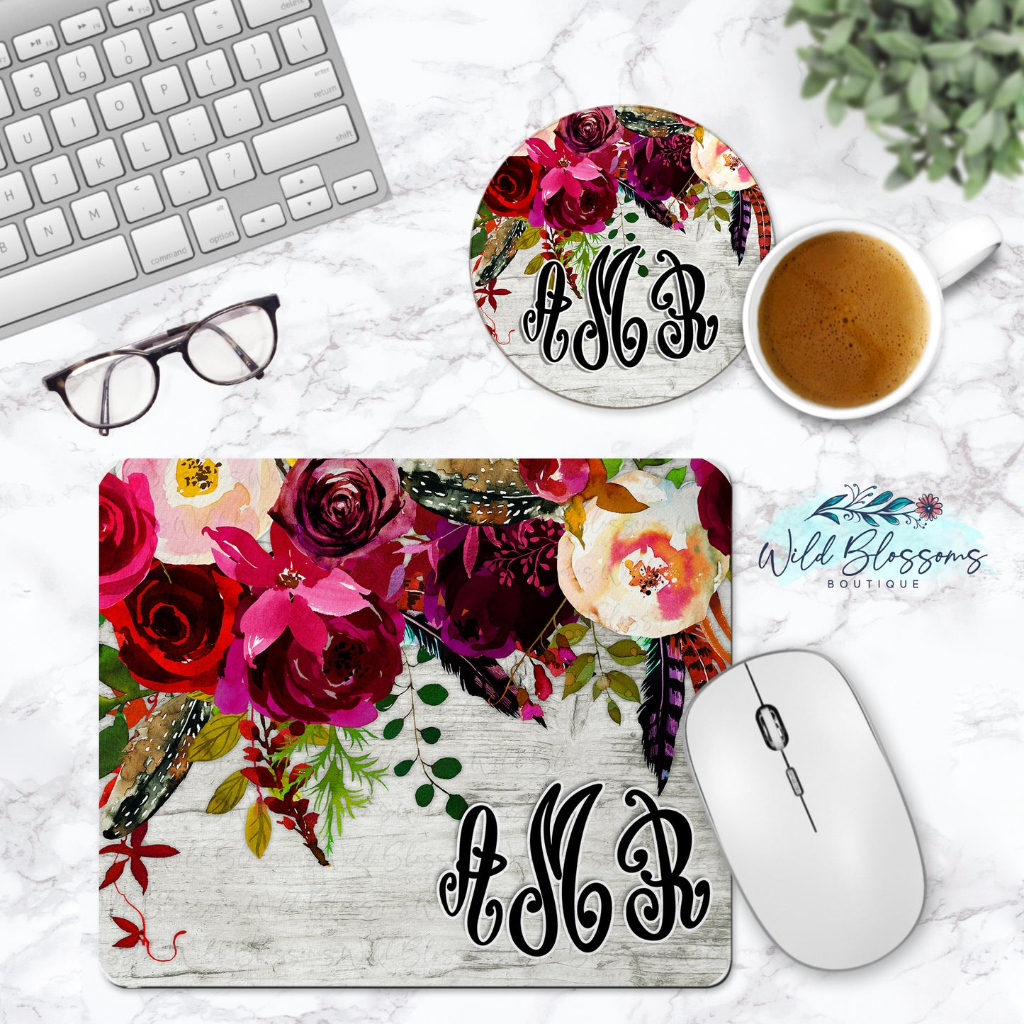 Boho Wooden Burgundy Floral Drop Personalized Phone Stand