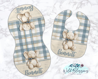 Soft Blue Plaid Elephant Personalized Baby Bib And Burp Cloth Set