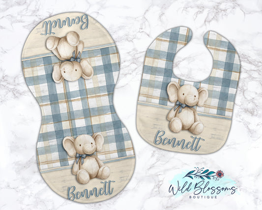 Soft Blue Plaid Elephant Personalized Baby Bib And Burp Cloth Set