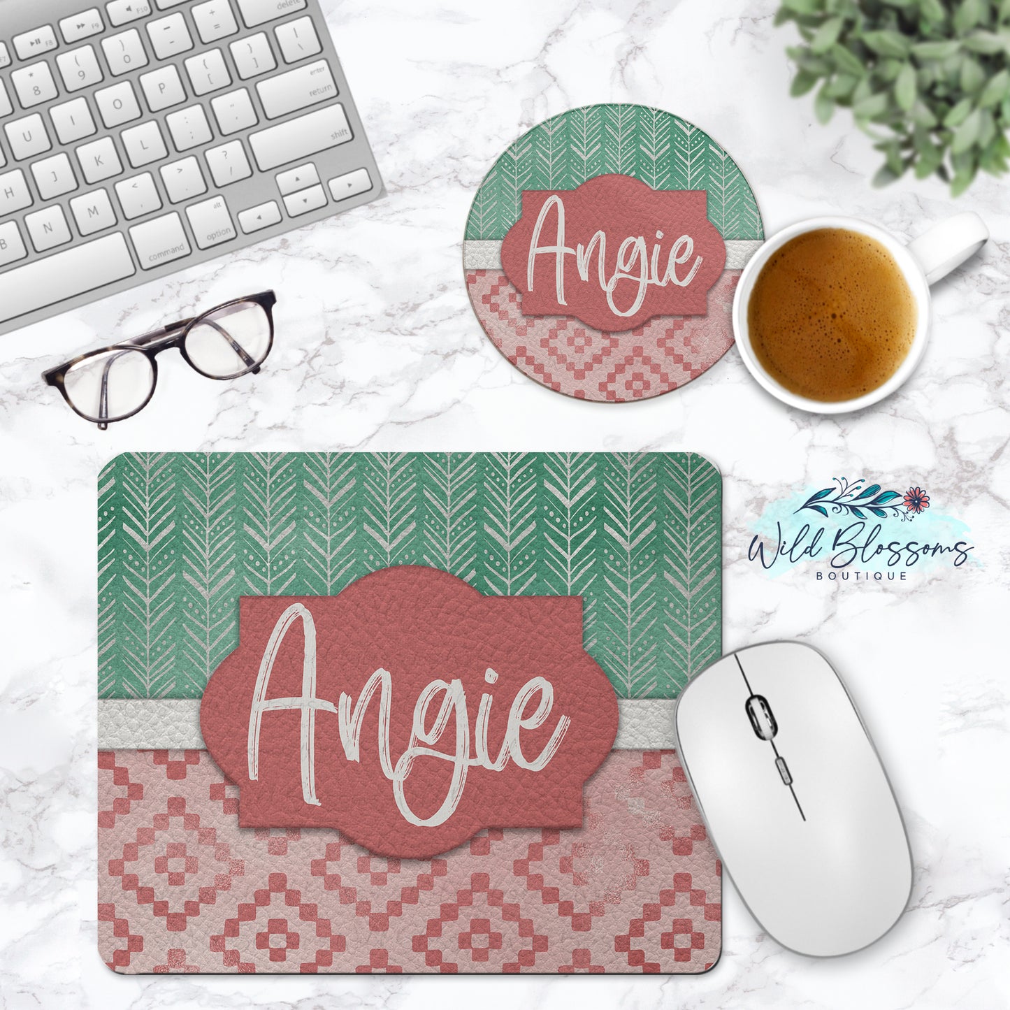 Boho Western Mint and Pink Personalized Mouse Pad & Coaster Desk Set