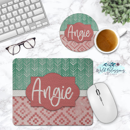 Boho Western Mint and Pink Personalized Mouse Pad & Coaster Desk Set
