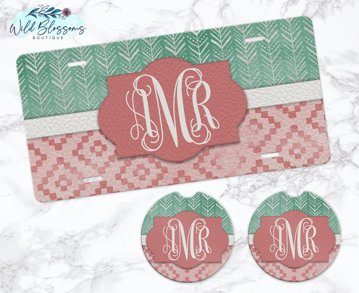 Boho Western Mint and Pink Personalized Car Coasters