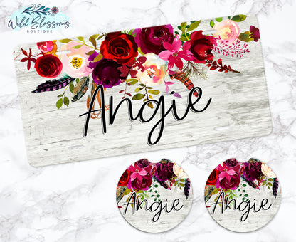 Boho Wooden Burgundy Floral Drop Personalized Car Coasters