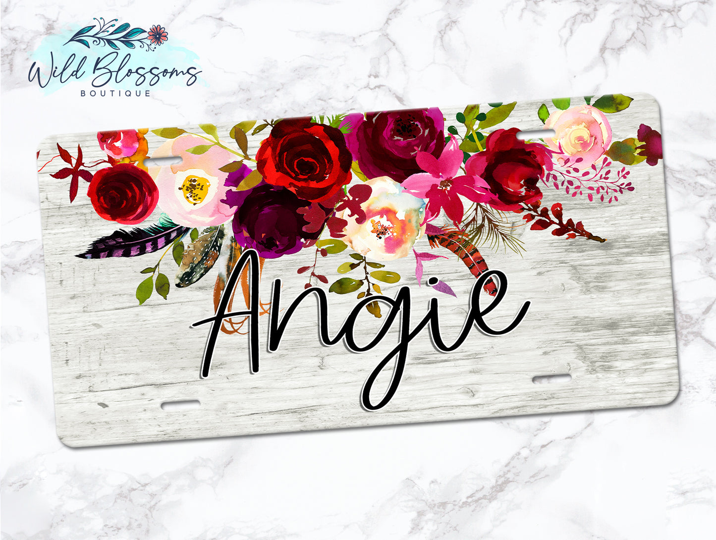 Boho Wooden Burgundy Floral Drop Personalized License Plate
