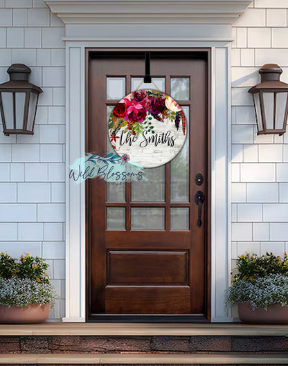 Boho Wooden Burgundy Floral Drop Personalized Round Door Hanger