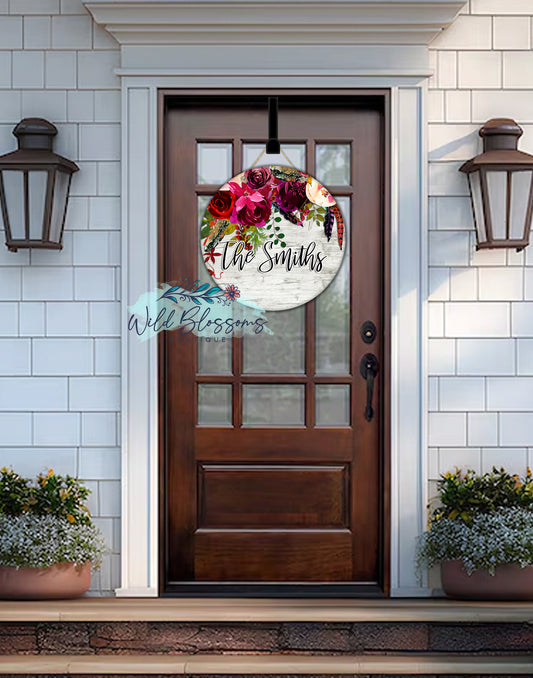 Boho Wooden Burgundy Floral Drop Personalized Round Door Hanger
