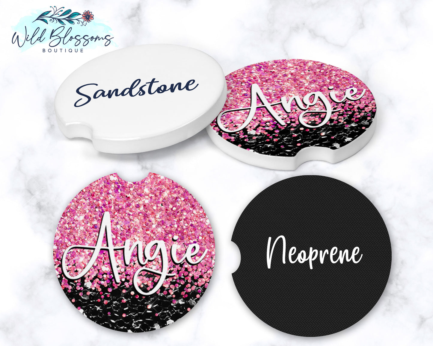 Black And Pink Glitter Personalized Car Coasters