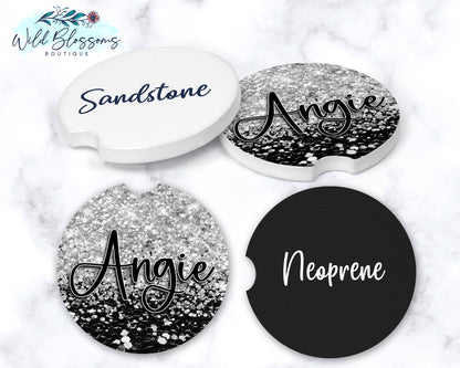 Black And Silver Glitter Personalized Car Coasters