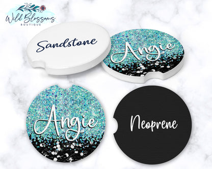 Black And Turquoise Glitter Personalized Car Coasters
