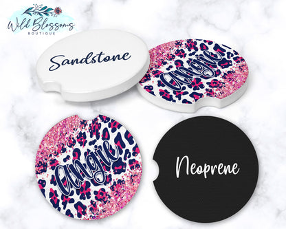 Navy And Hot Pink Leopard Print Glitter Look Personalized Car Coasters