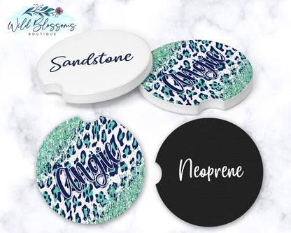 Navy And Mint Leopard Print Glitter Look Personalized Car Coasters