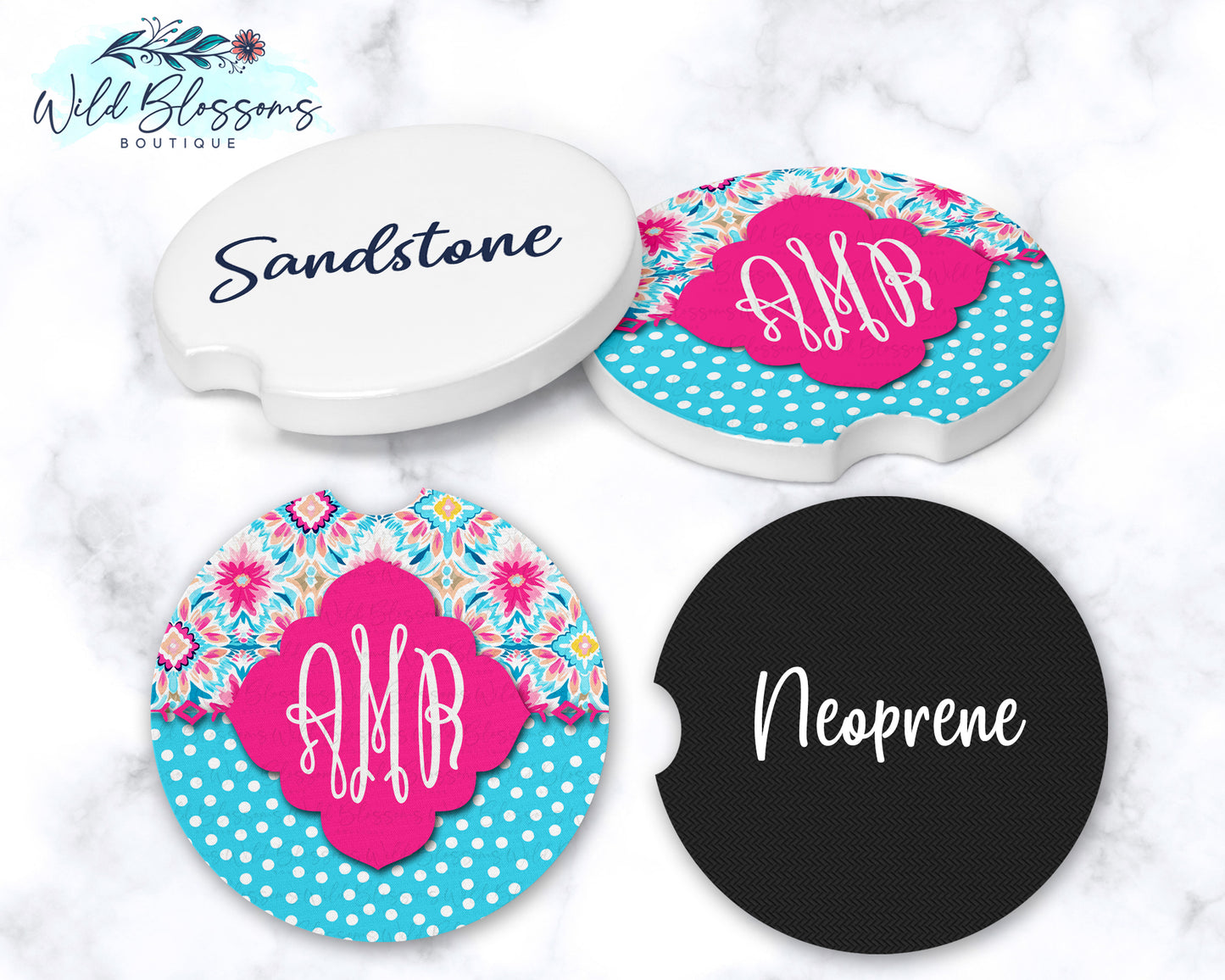 Pink and Blue Floral Polka Dot Personalized Car Coasters