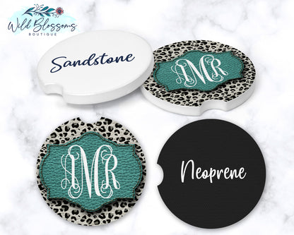 White Leopard Print With Turquoise Personalized Car Coasters