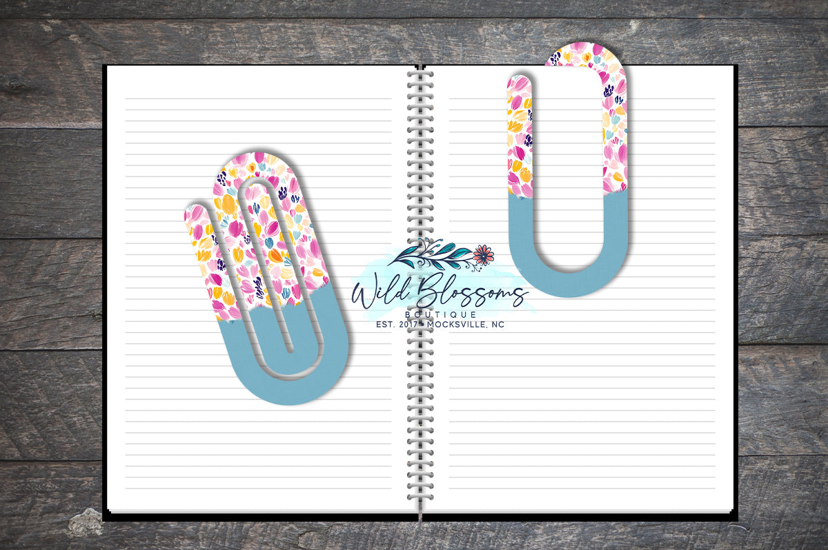 Bright Ditsy Floral and Dusty Blue Paper Clip Bookmark