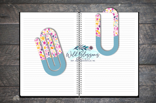 Bright Ditsy Floral and Dusty Blue Paper Clip Bookmark