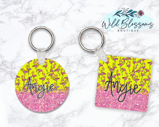 Bright Flamingo Personalized Round or Square Keychain