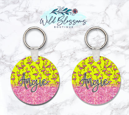 Bright Flamingo Personalized Round or Square Keychain