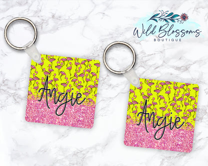 Bright Flamingo Personalized Round or Square Keychain