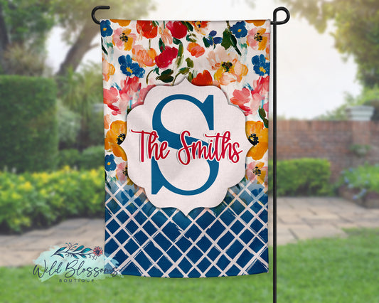 Bright Floral and Blue Crosscheck Personalized Garden Flag