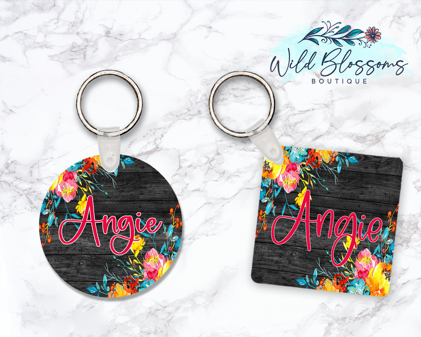 Bright Floral Dark Wood Personalized Round or Square Keychain