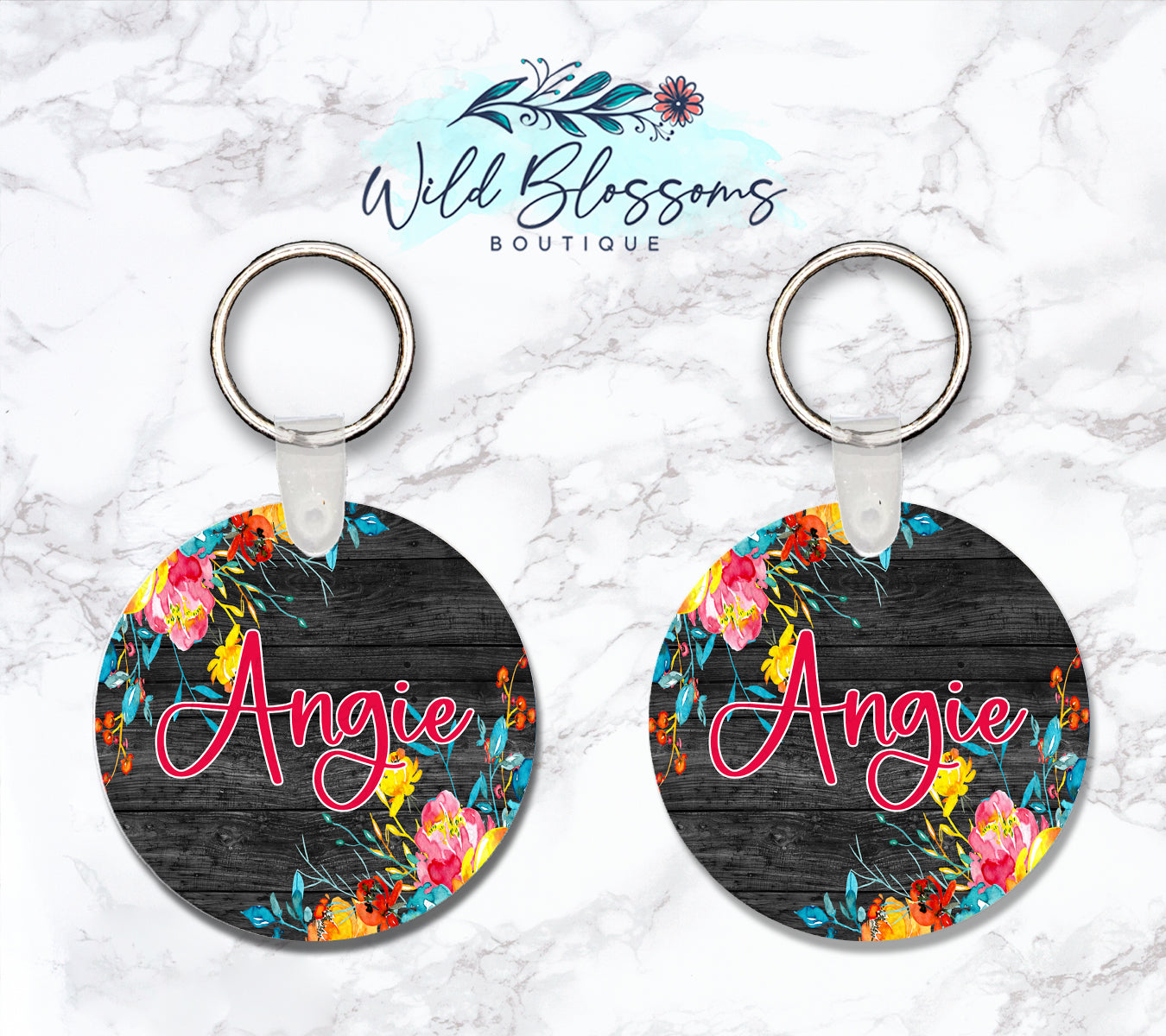 Bright Floral Dark Wood Personalized Round or Square Keychain