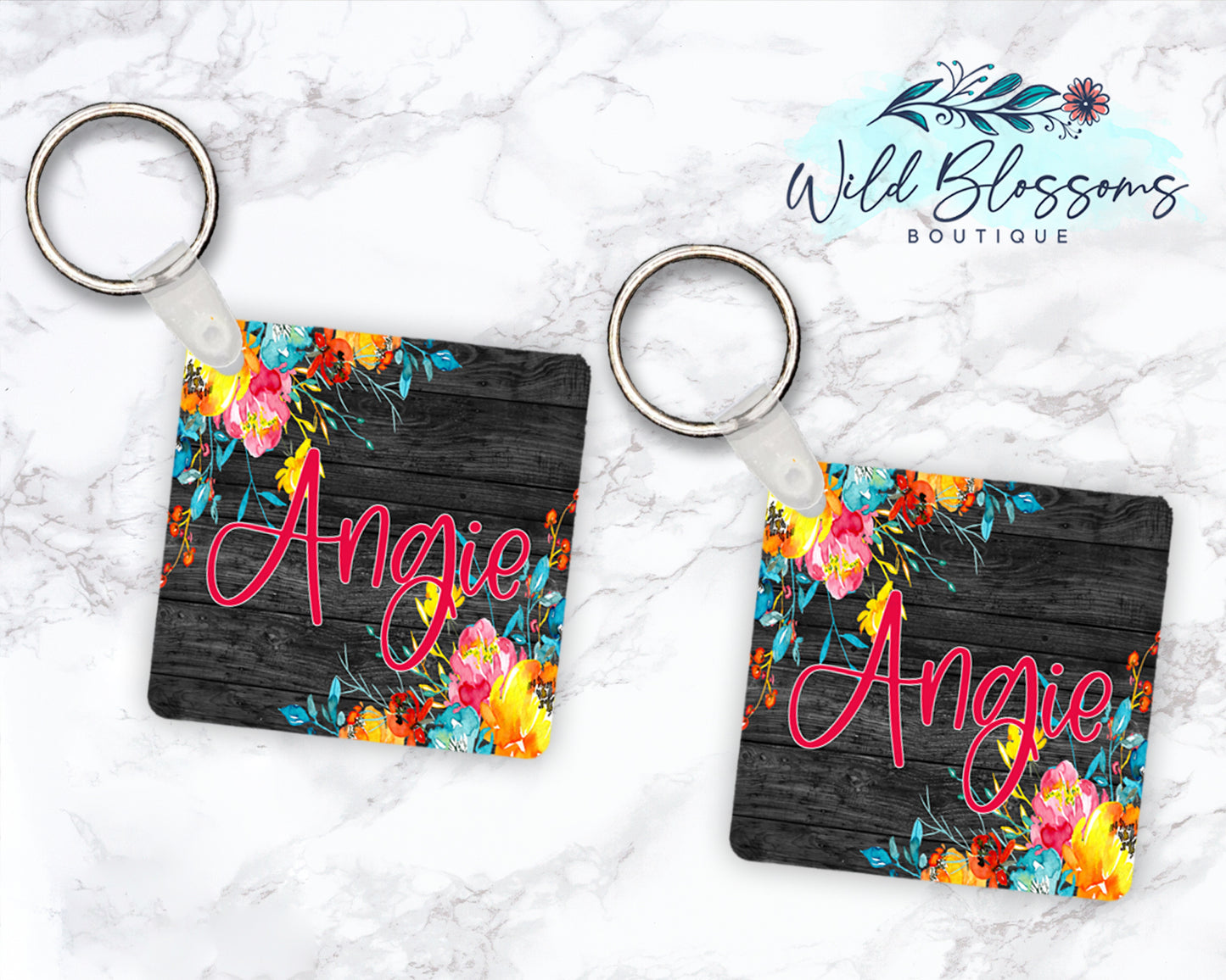 Bright Floral Dark Wood Personalized Round or Square Keychain